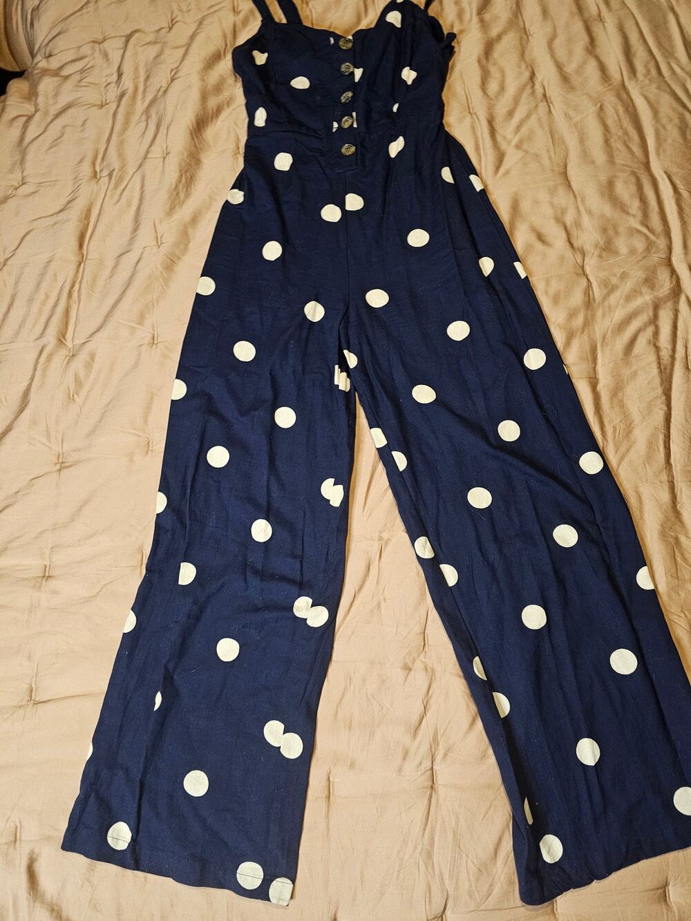 Japna Polka Dot Wide Leg Jumpsuit Navy Cotton Open Back Size Small